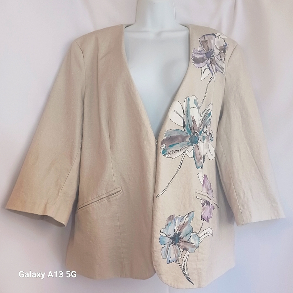 Coldwater Creek Women's Linen Blend Beige and Floral Open Front Jacket Sz 18W